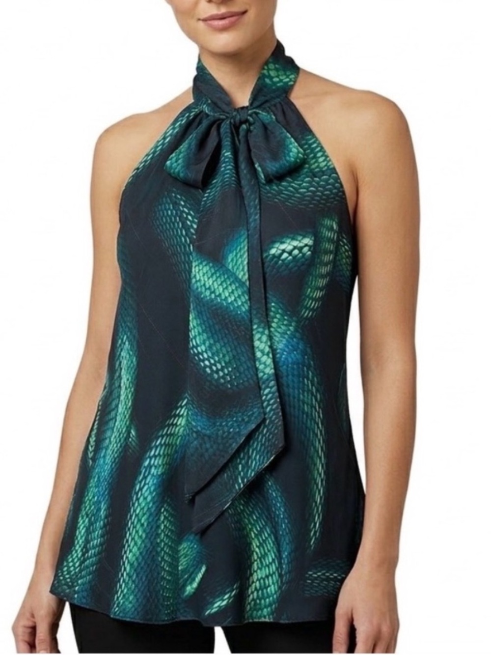 MILLY Swirl Snake Print Bow Tie Neck Halter Top 12 Green Blue Black Party Glam